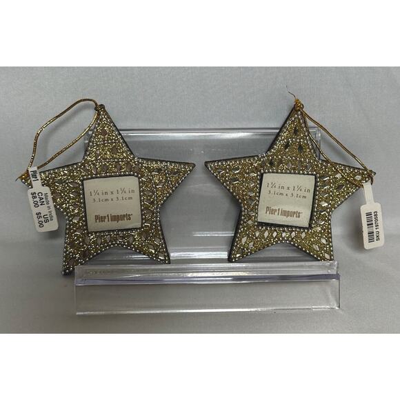 Christmas Ornaments Pier 1 Gold Star Hanging Photo Frames 1.25"x1.25" Set of 2 - Picture 1 of 2